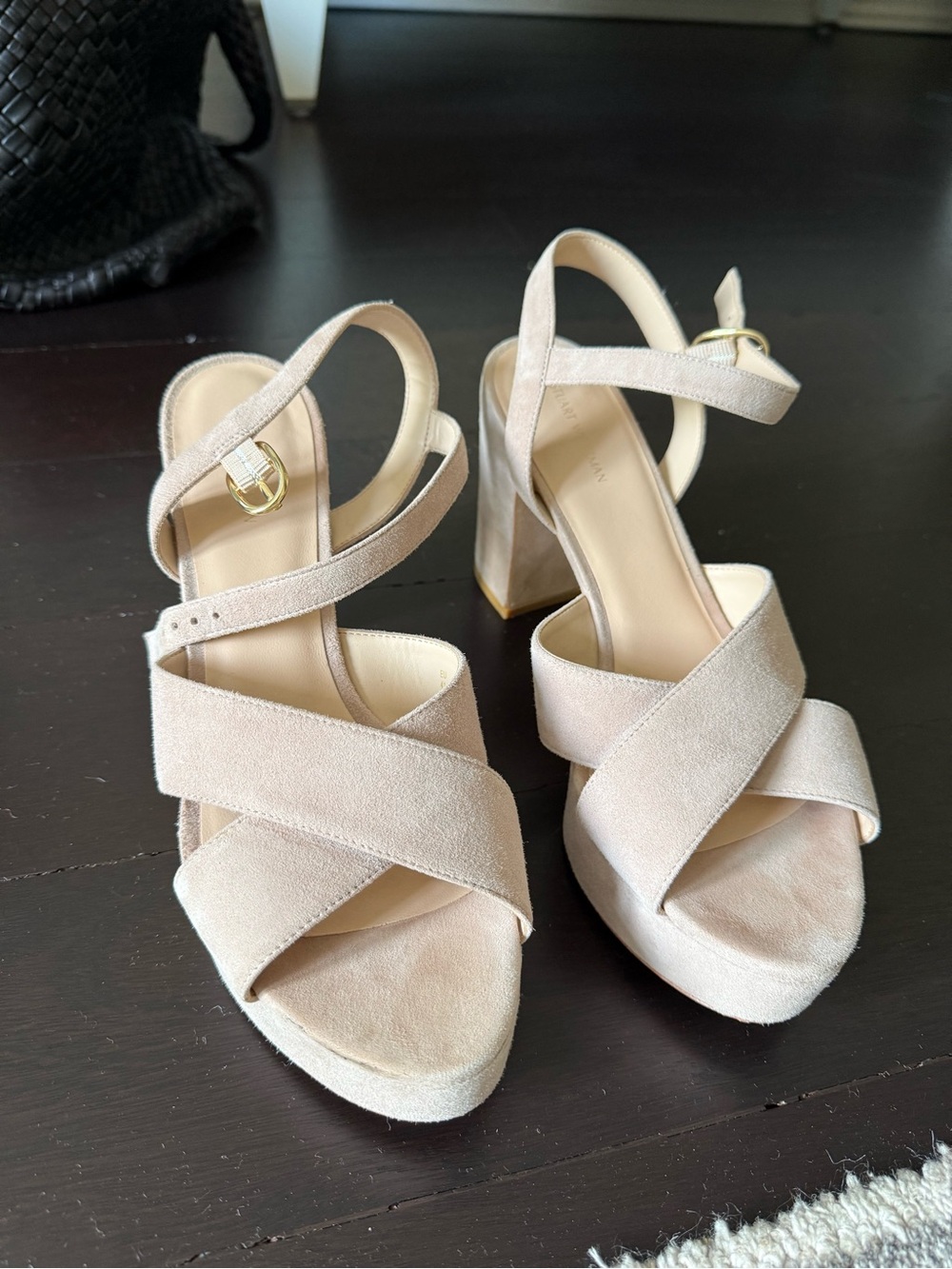 Stuart Weitzman Blush Beige Suede Crisscross Block Heel Sandals